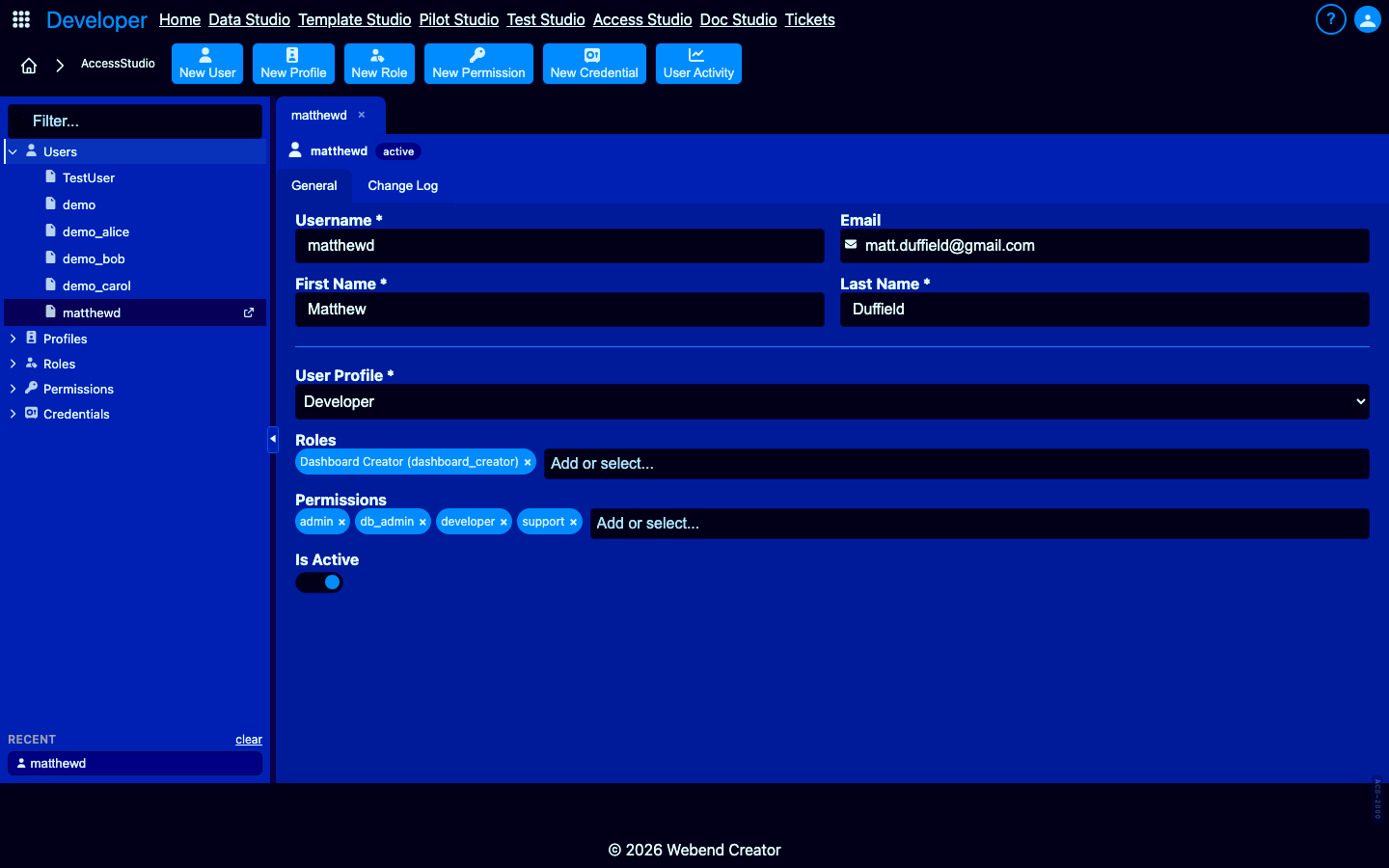 User editor — data access enforced