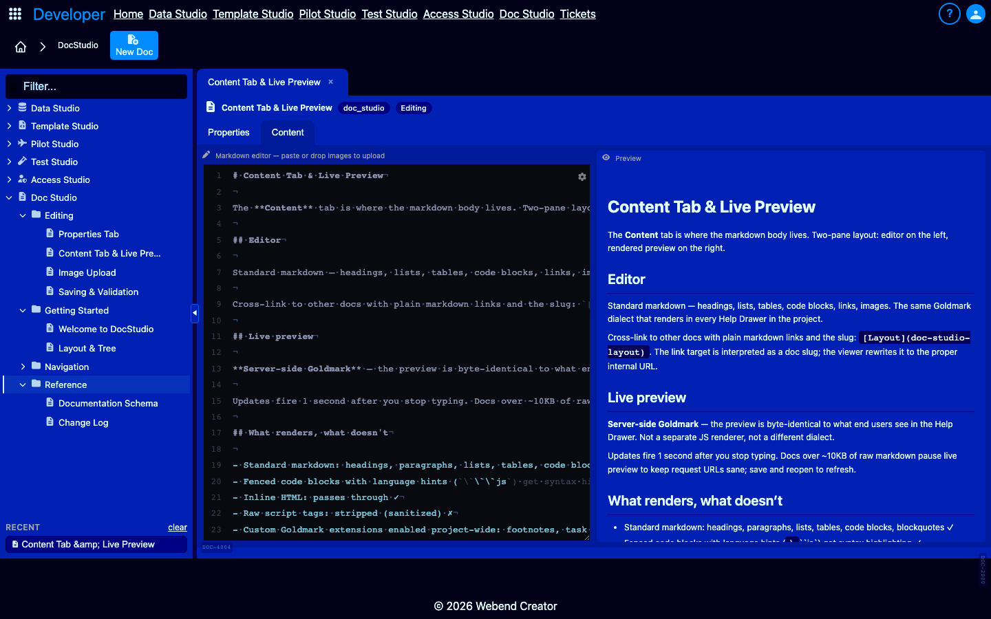 Content tab — markdown + Goldmark preview