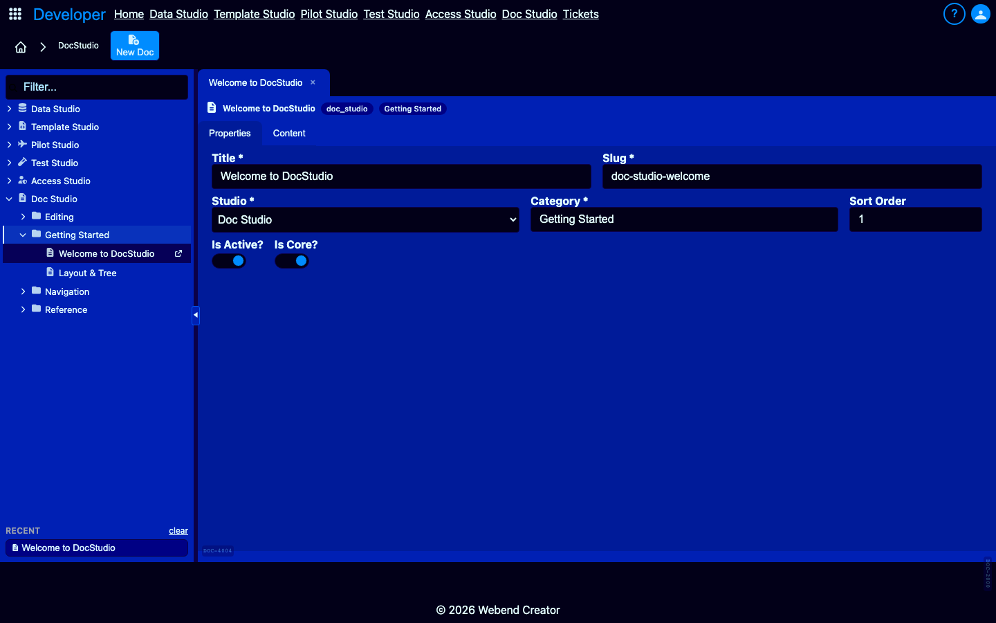 Properties tab with reference key