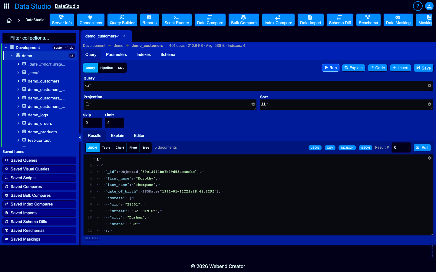 Export menu — BSON/JSON/CSV/NDJSON