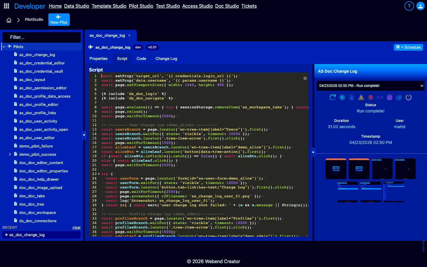 Run detail — logs / errors / source / screenshots