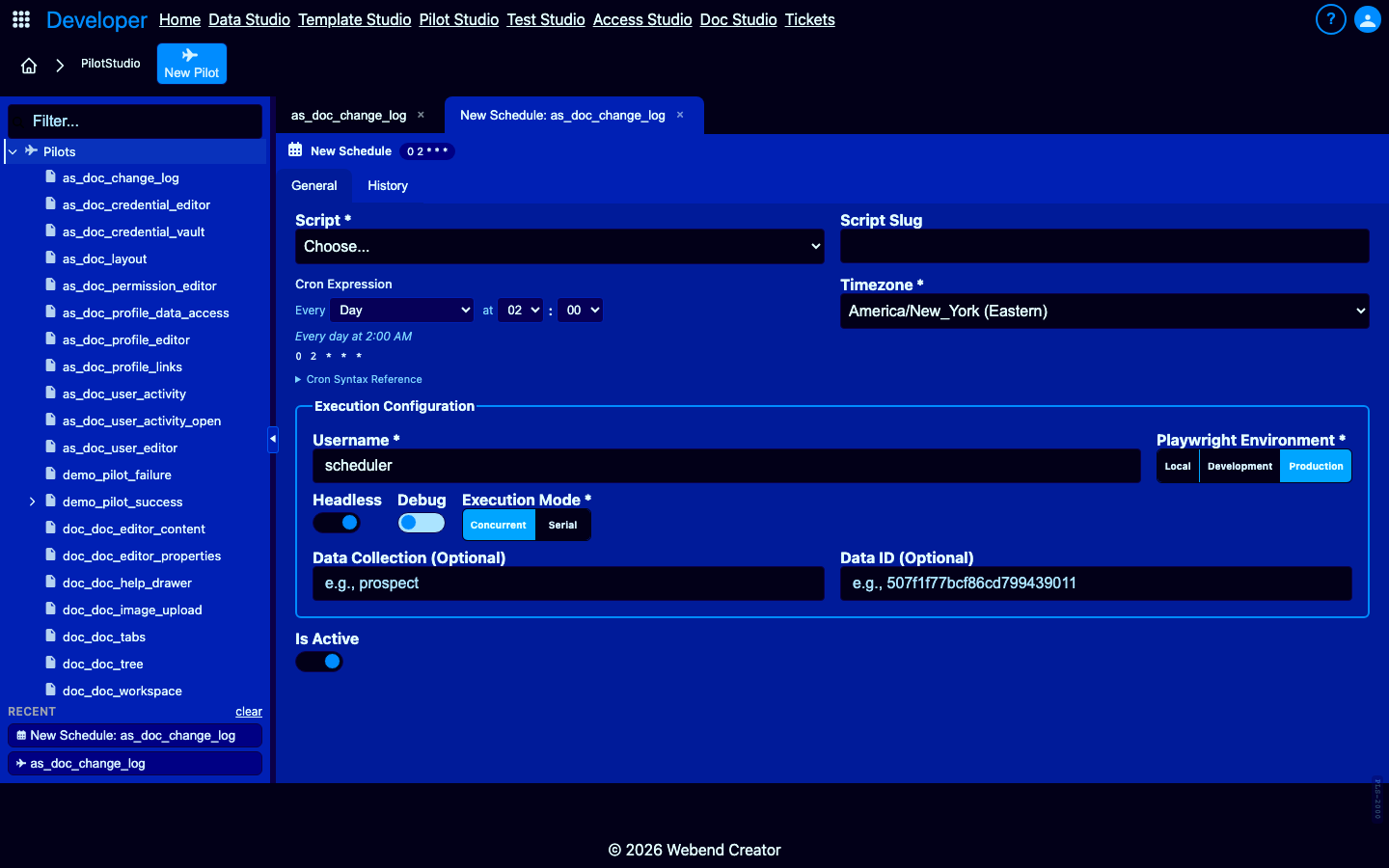 Schedule editor — recurrence + next-run