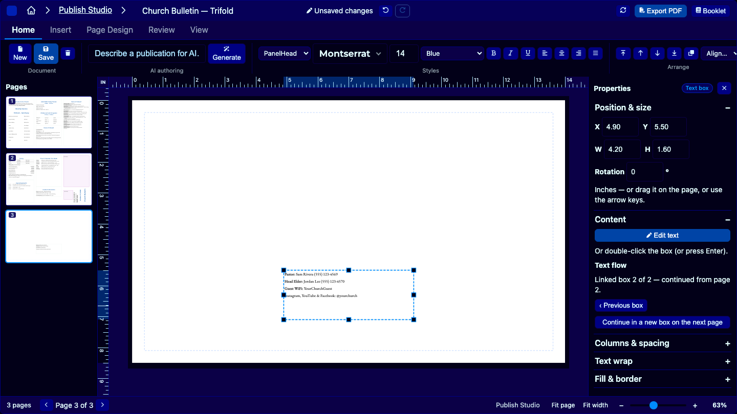 Linked text boxes flowing between columns