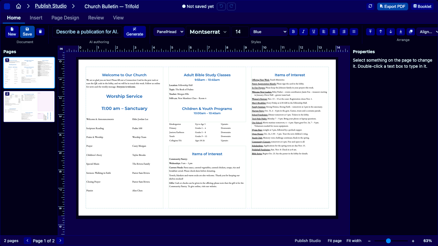 PublishStudio editor with a church bulletin open