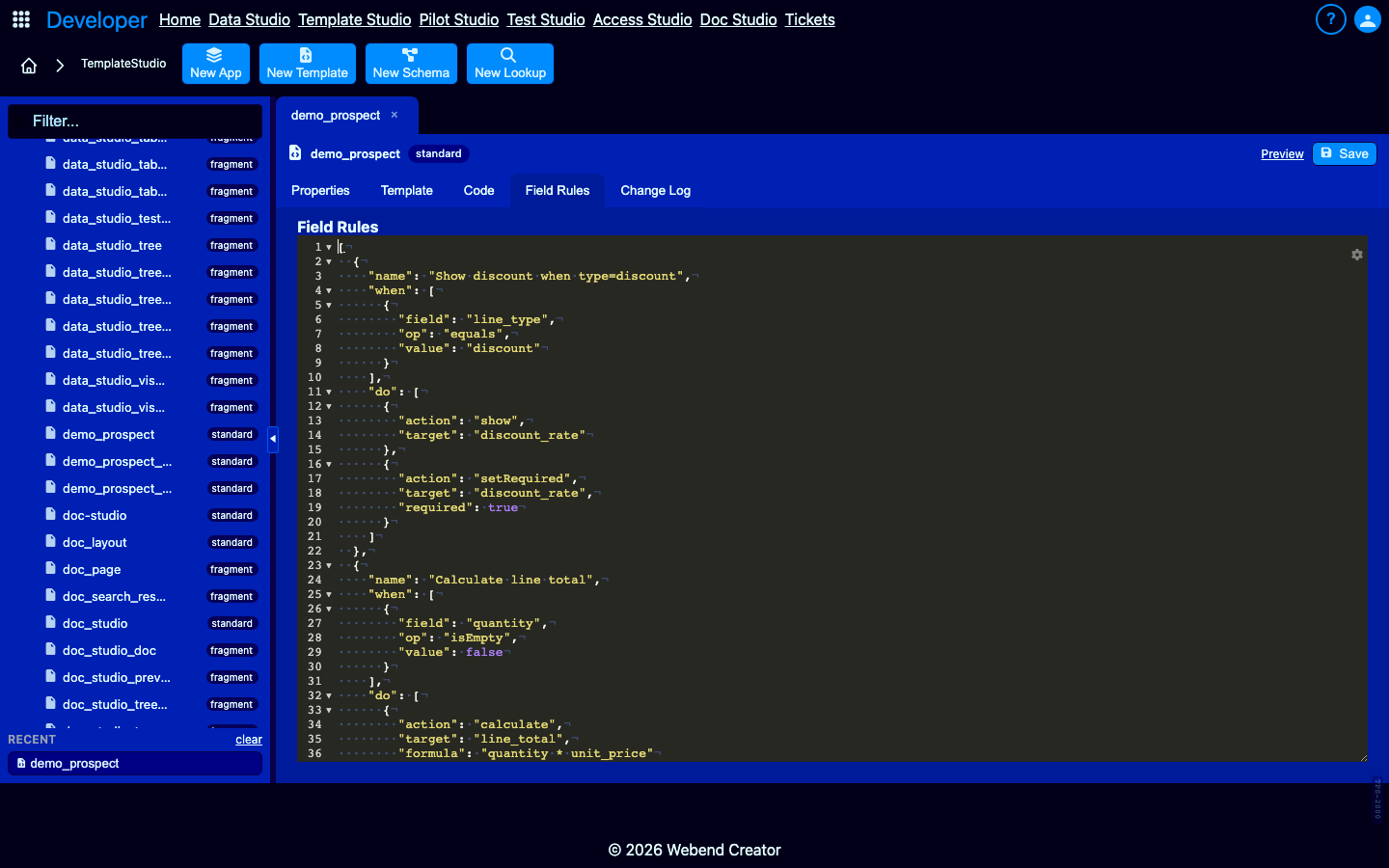Field Rules tab — declarative client-side rules